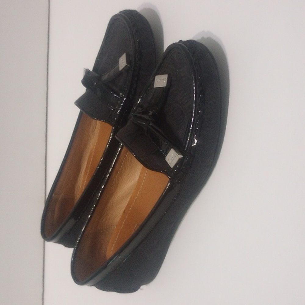 Coach Monogram Paten Leather Black Loafers with Knot Silver Accents